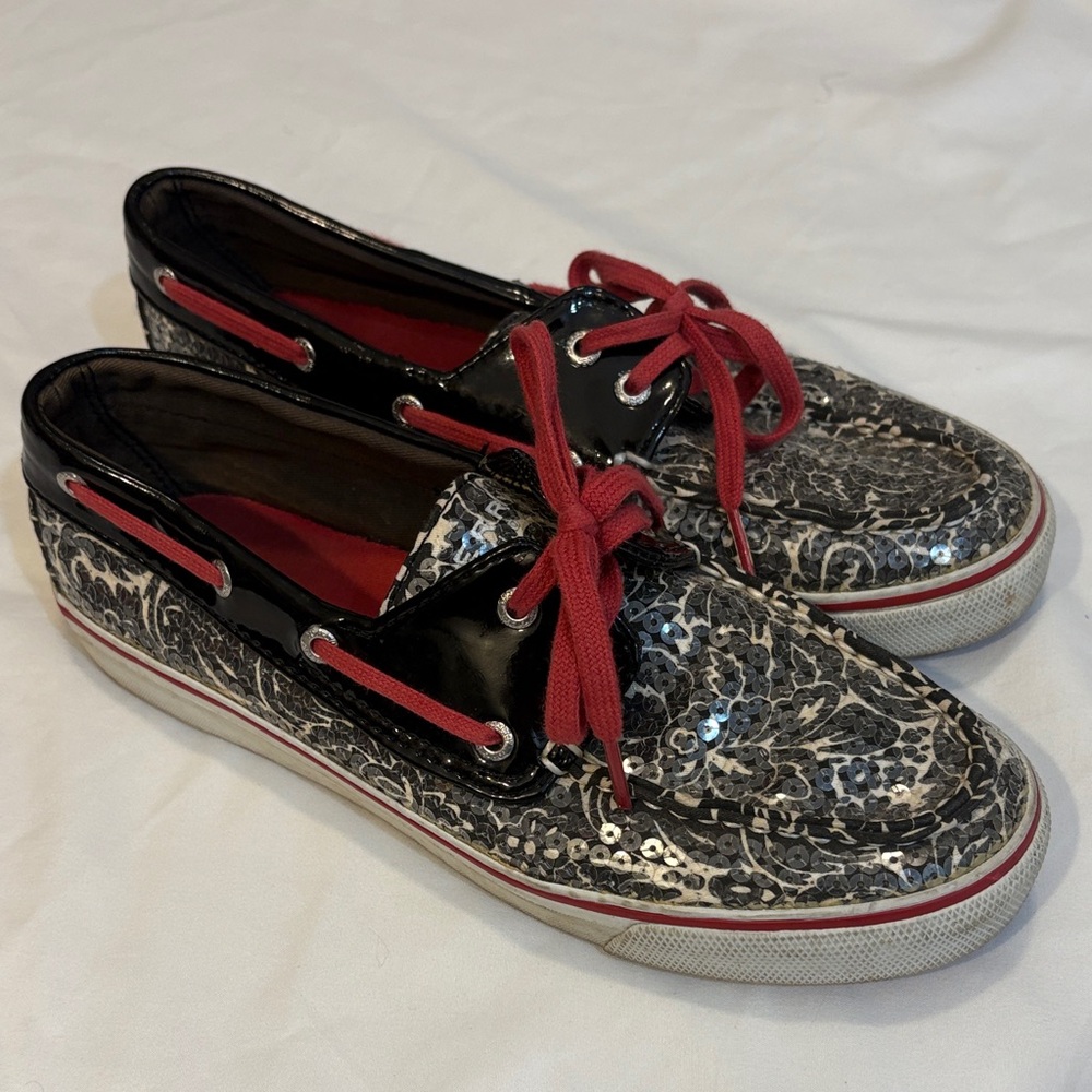 Y2K Sequin Floral Sperry Topsider Boat Shoes With Red Laces, 7.5 Girly Sparkle